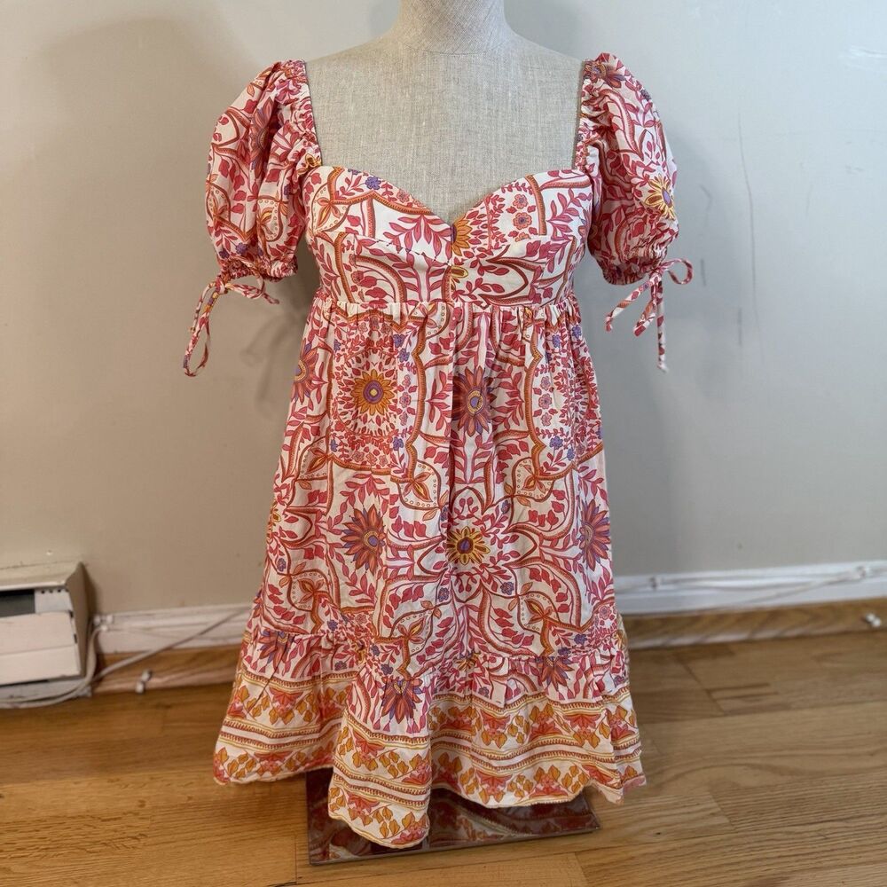 Olivaceous Floral Fiesta Babydoll Dress Orange Pink M Boho Smocked Puff Summer